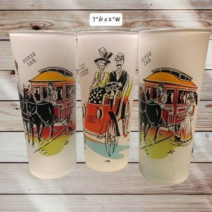 Set of 3 - Vintage Frosted Glass Tumblers - Gas Buggy & Horse Car